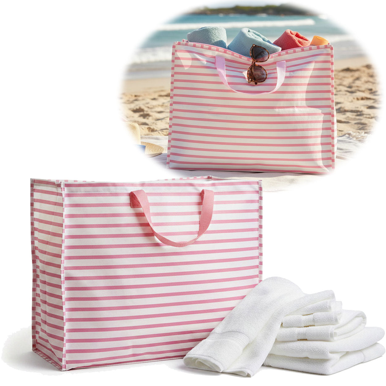 LS-LebenStil Shopper Jumbo Bag XXL Rosa Weiß 55cm Streifen