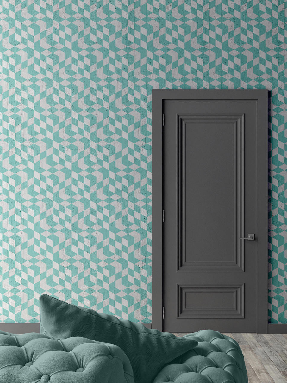 Mineheart Aquamarine Geometric Cubes Tapete Rolle türkis geometrisch