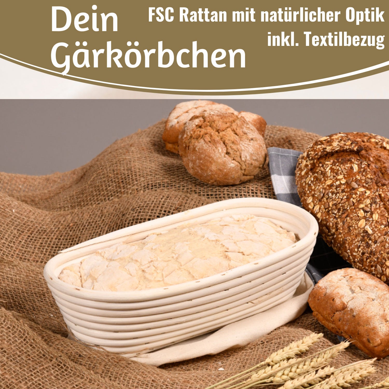 LS-LebenStil Küche Gärkorb Oval 28x15x8cm Peddigrohr mit Leinen