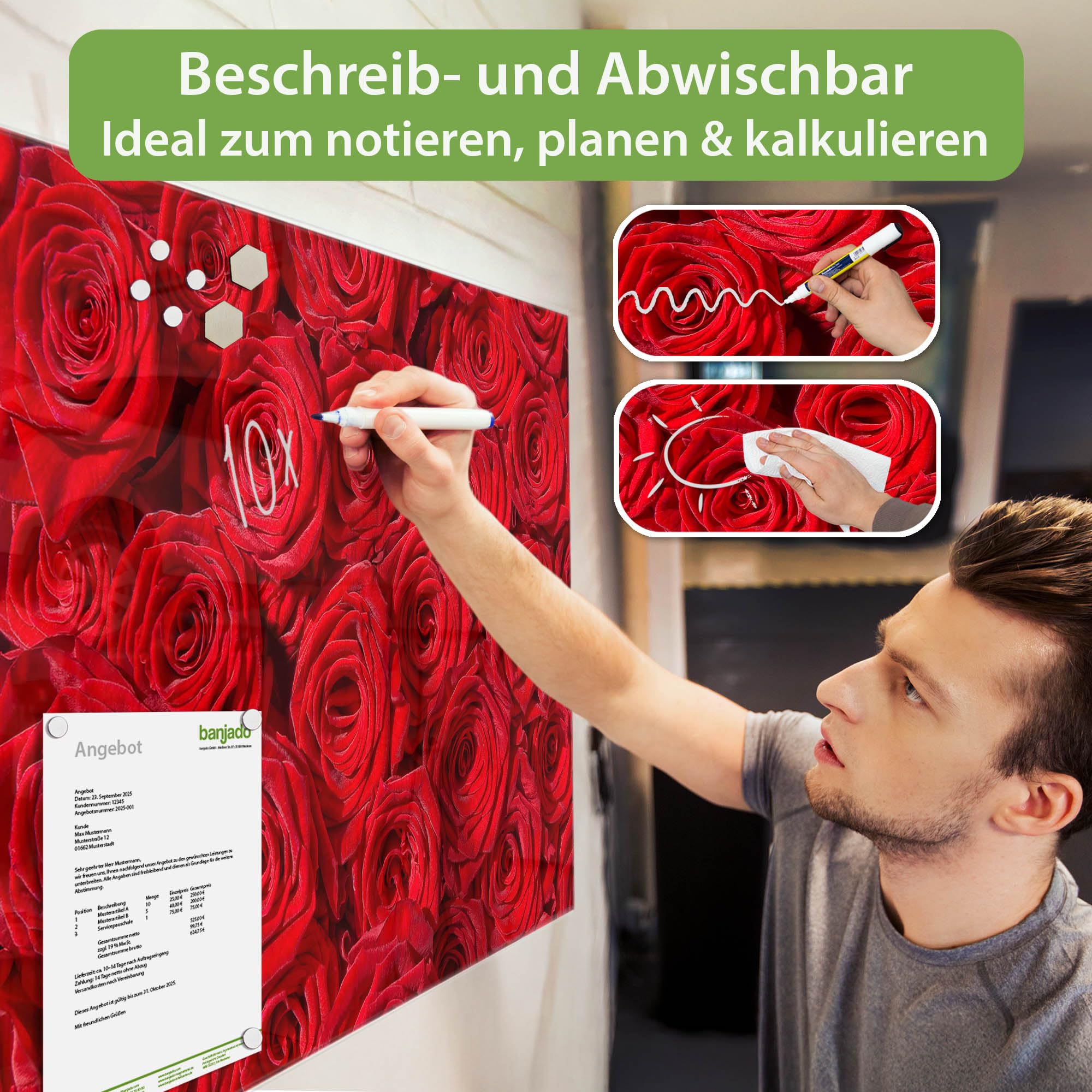 Banjado Magnettafel Rosenbett Glas-Memoboard 120x80 cm