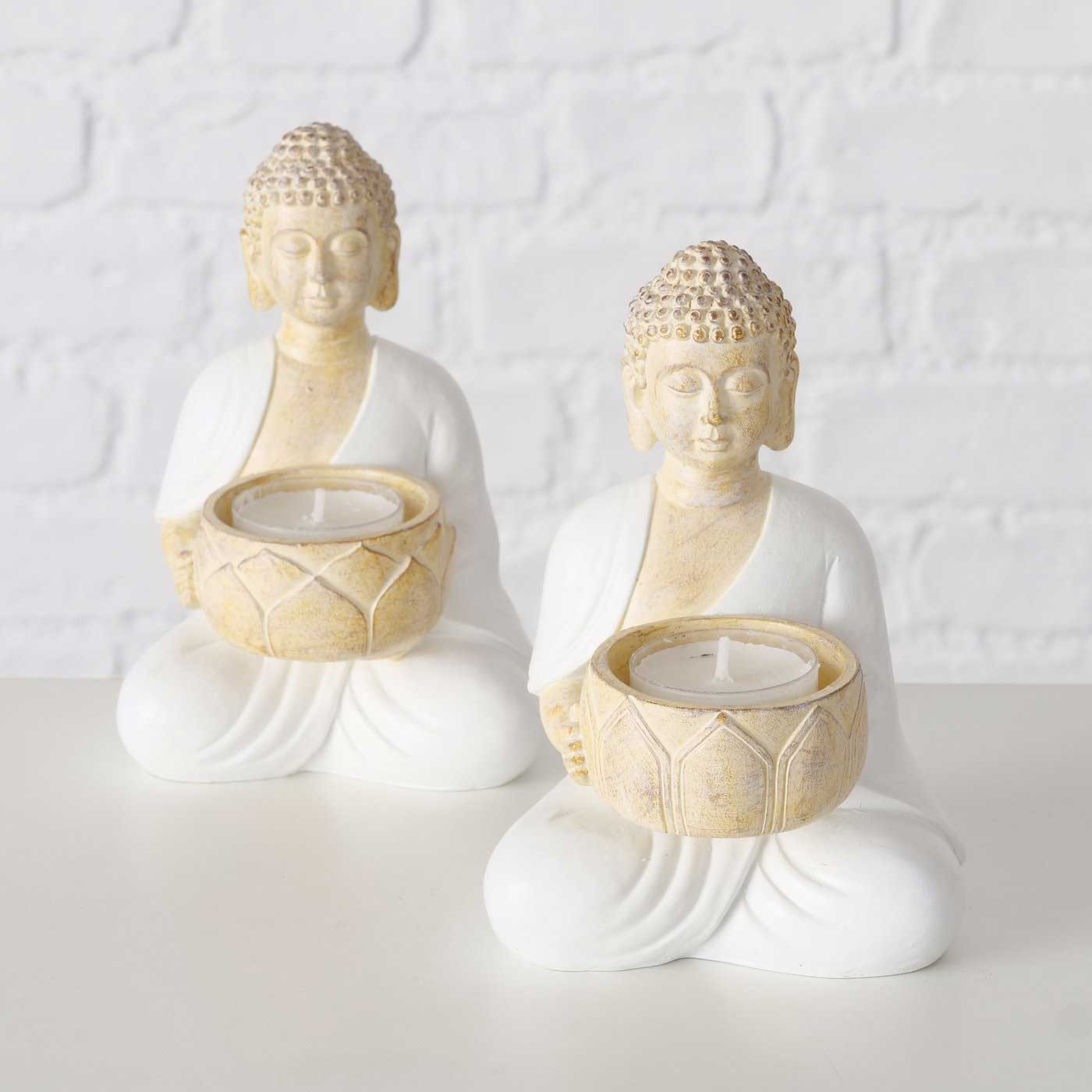 LS-LebenStil Buddha Teelichthalter 2er-Set Beige Weiß 15cm