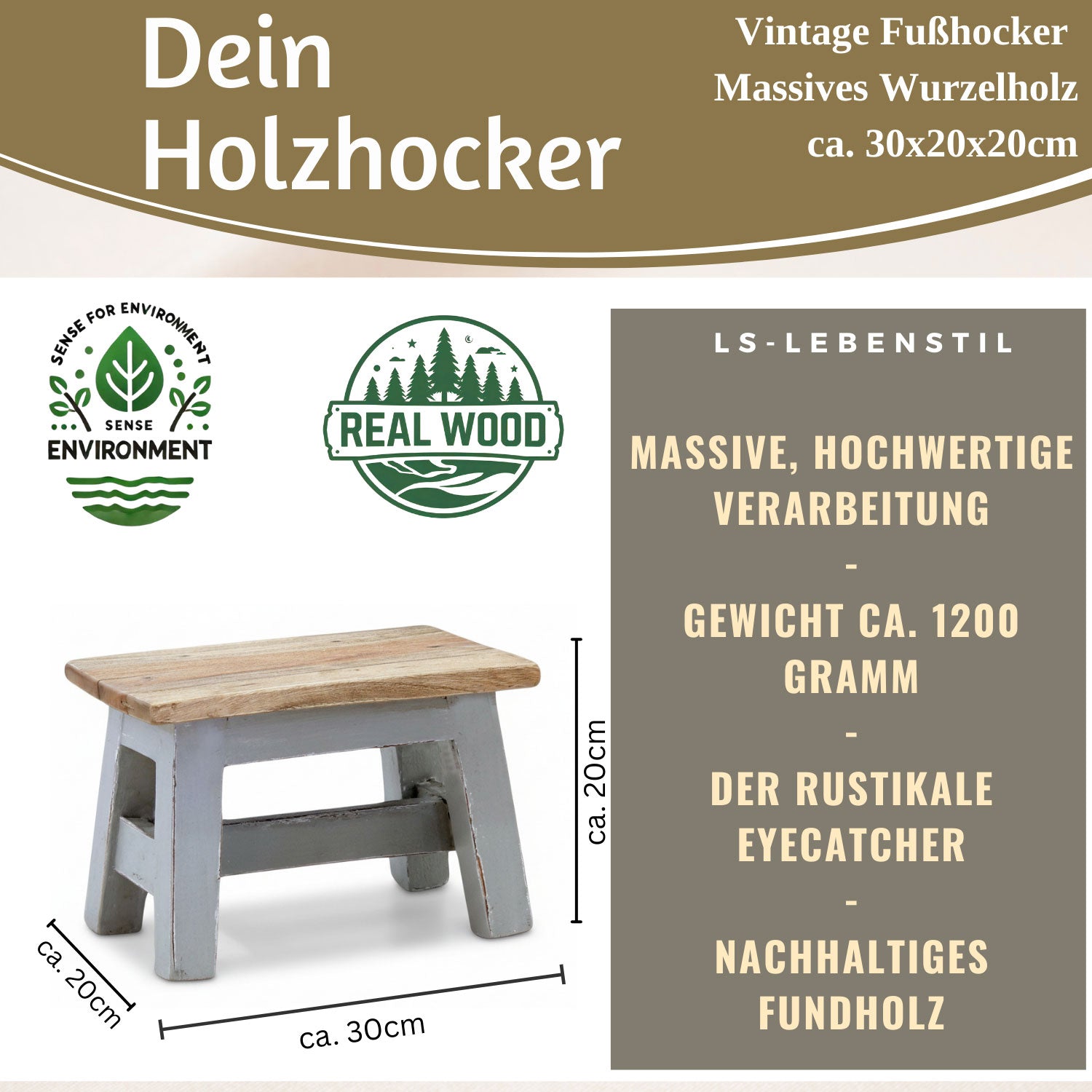 LS-LebenStil Fußhocker Holz Grau 30cm Tritthocker Schemel