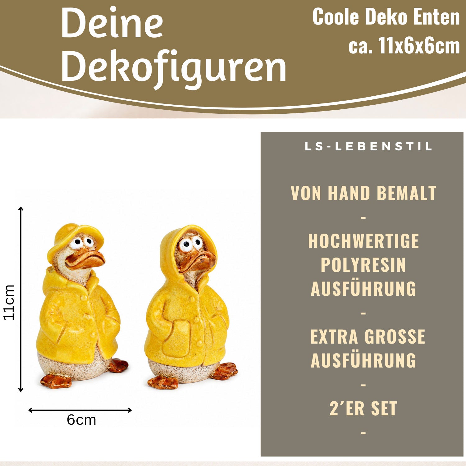 Enten Deko Figuren Set 2-tlg 11cm Gelb Grau Polyresin