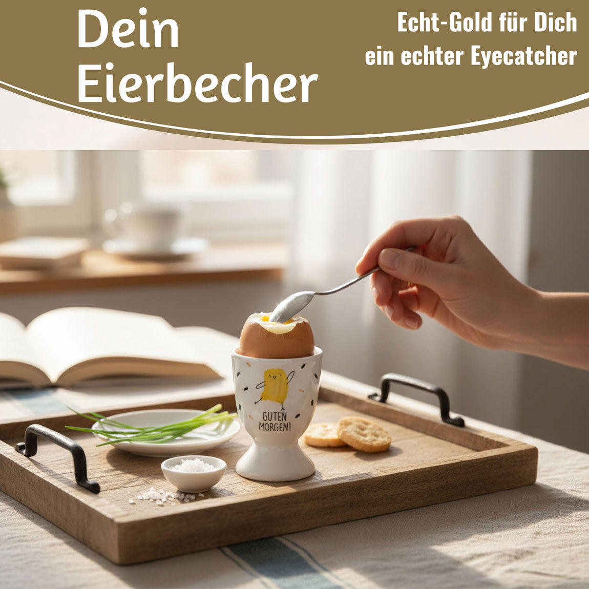 LS-LebenStil Küche & Haushalt Guten Morgen Eierbecher Porzellan Echt-Gold