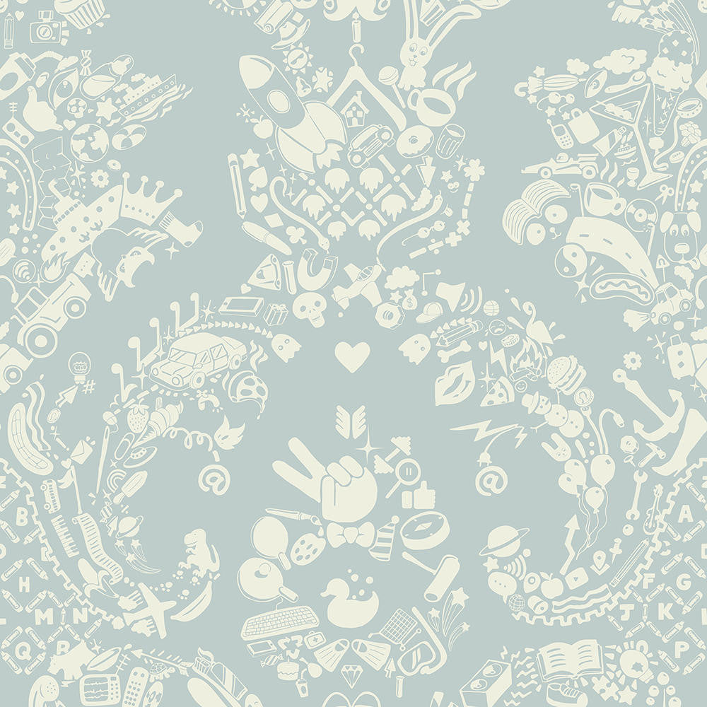 Mineheart New World Damask Tapete Grau-Blau-Weiß Vlies