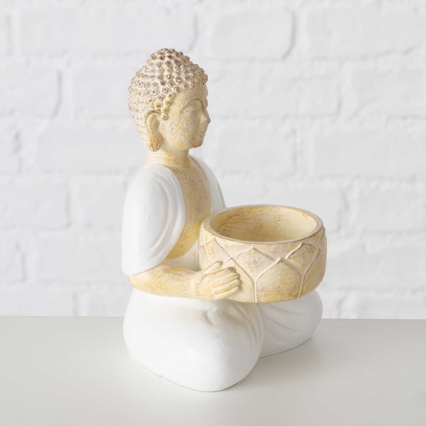 LS-LebenStil Buddha Teelichthalter 2er-Set Beige Weiß 15cm