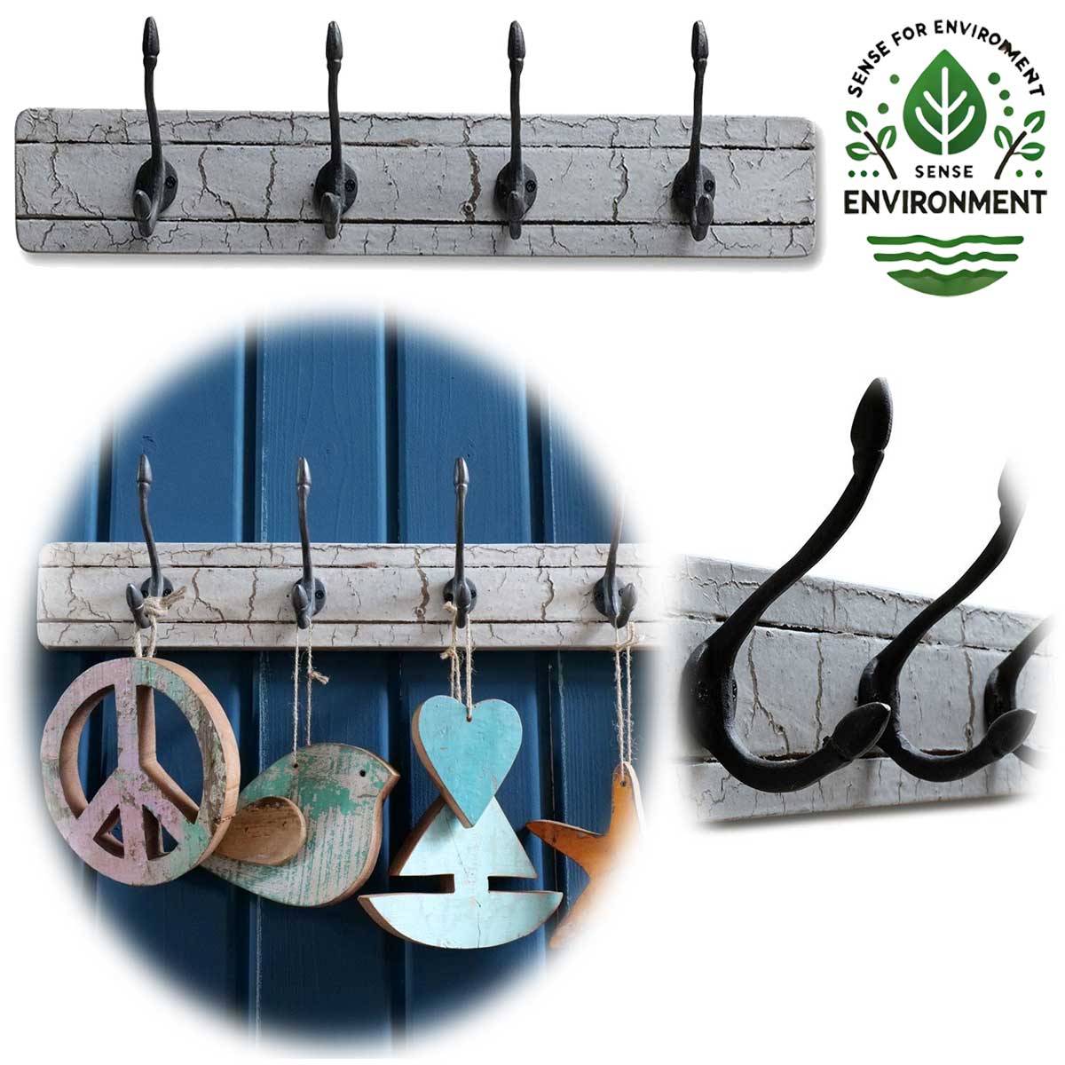 LS-LebenStil Dehli Wandgarderobe Teak Weiß 60cm 4 Haken