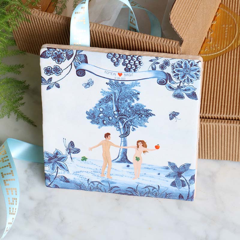 Storytiles Delft Blue Adam Eva Fliese 10x10 cm Liebe