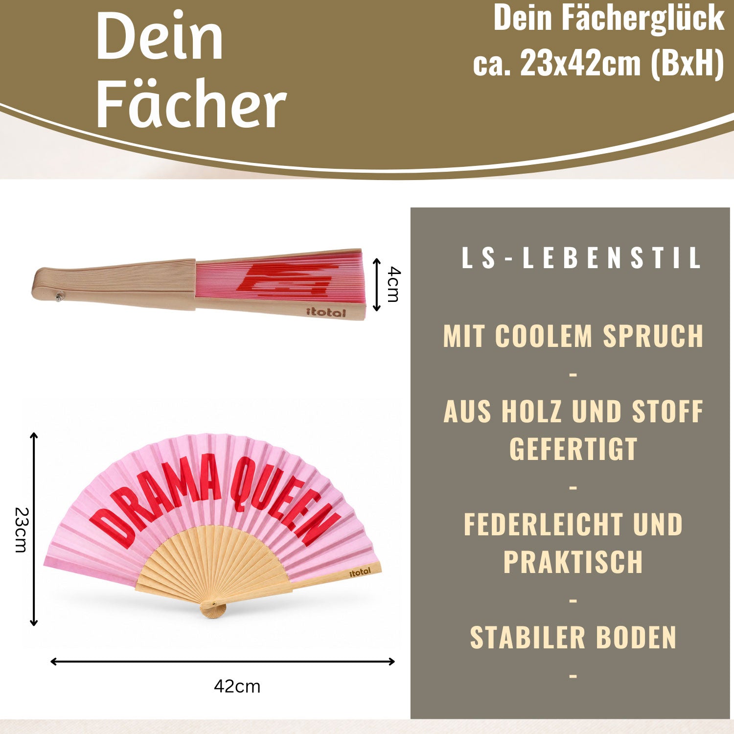 LS-LebenStil Drama Queen Handfächer Holz Stoff Rosa 42cm
