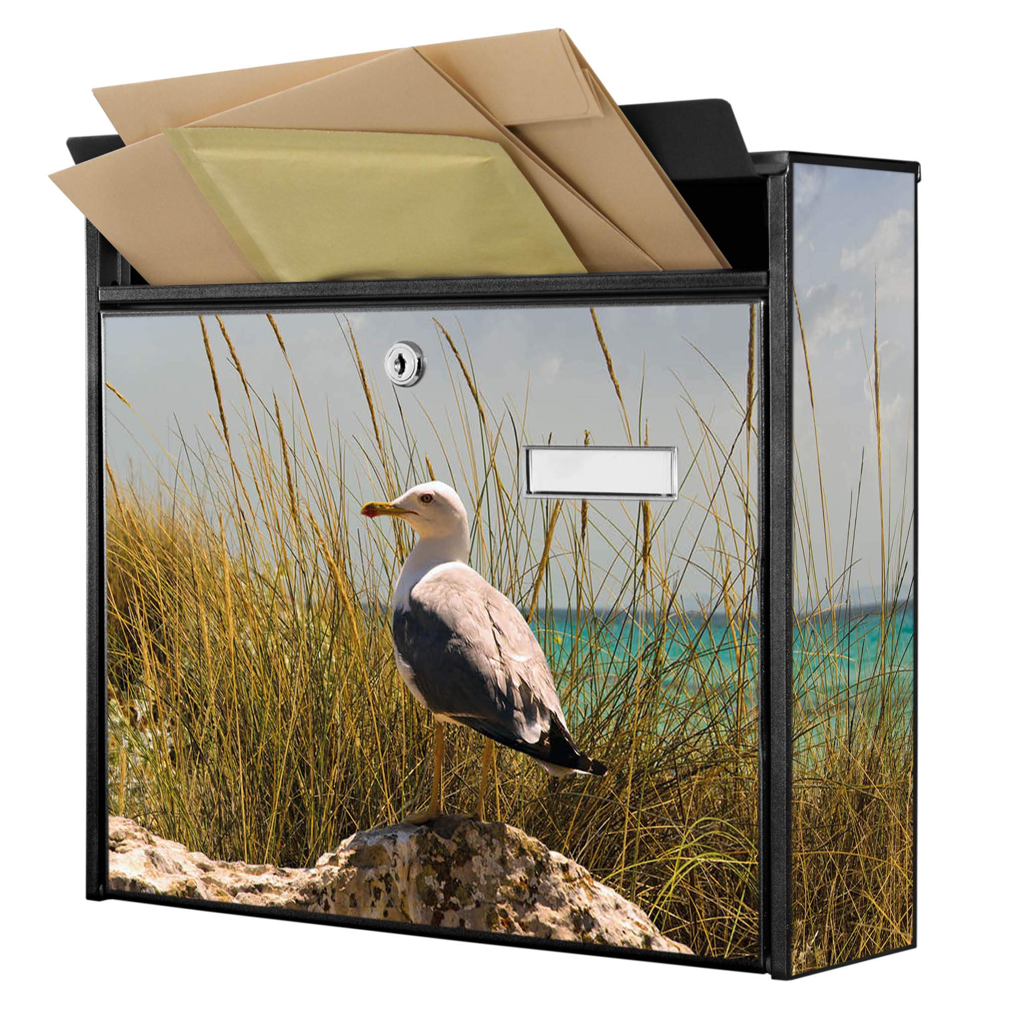 Banjado Briefkasten Möwen Schwarz Stahl 32x36 A4 Namensschild