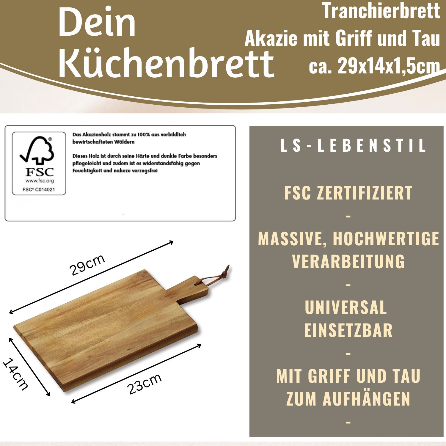 LS-LebenStil Griffbrett Akazie 29cm eckig Servierbrett
