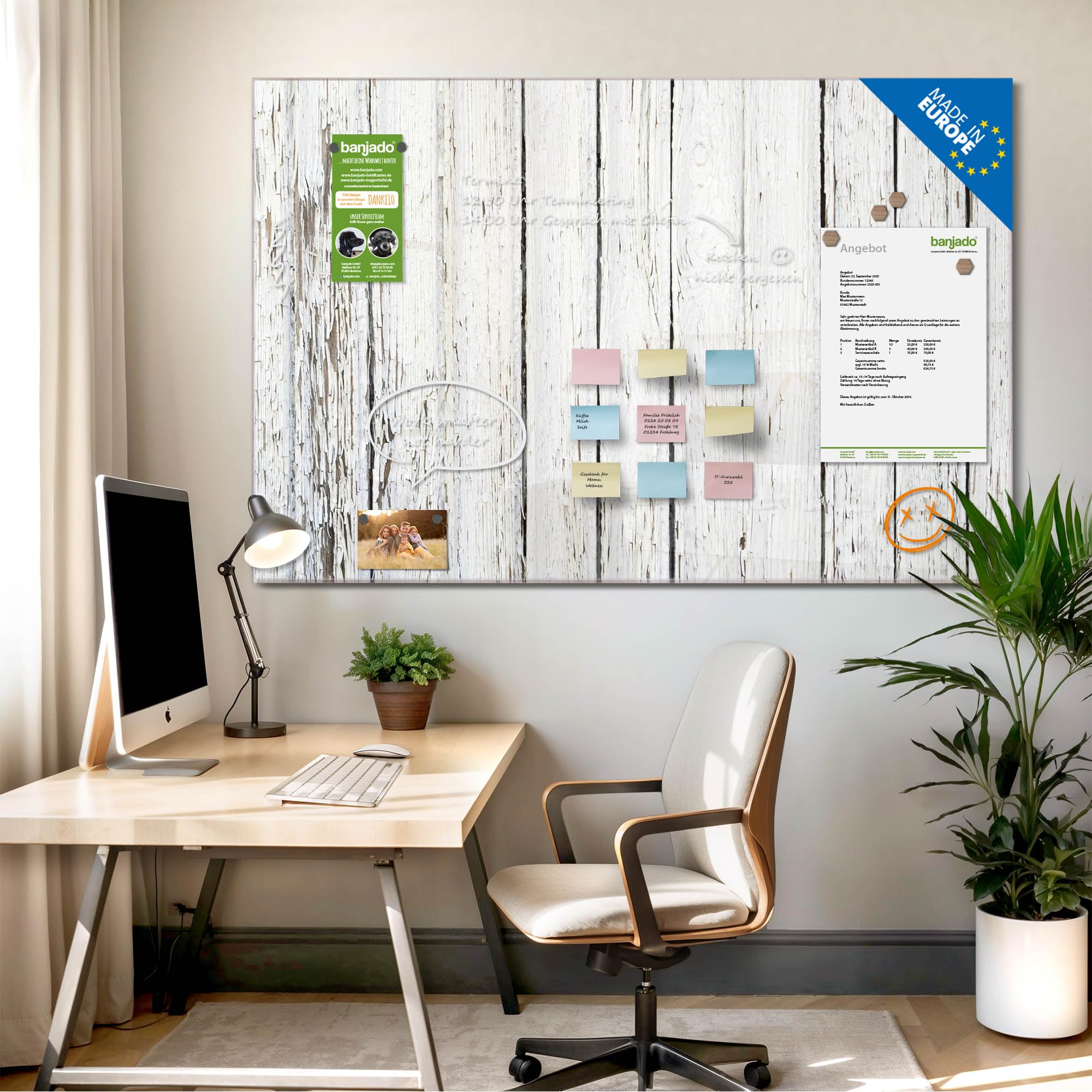 Banjado Magnettafel Weißer Bretterzaun Holz Magnetboard 120x80