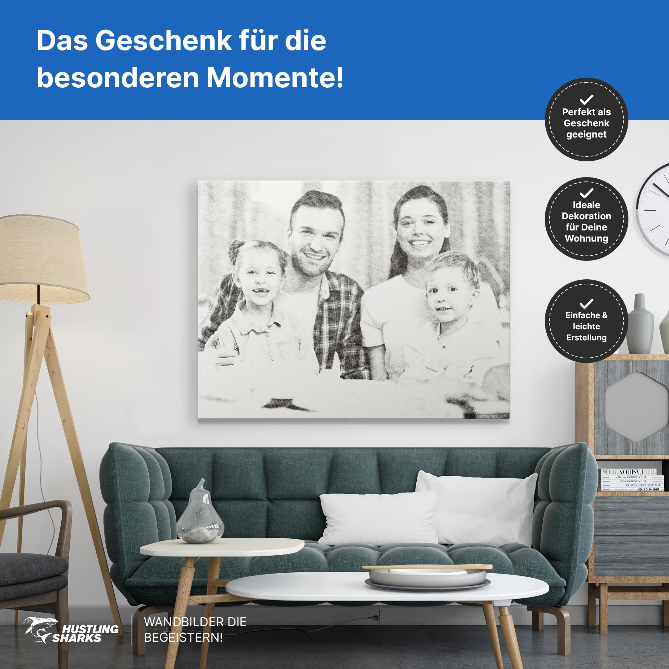 Hustling Sharks Wandbilder Portrait Strichzeichnung Leinwand 30x45 cm