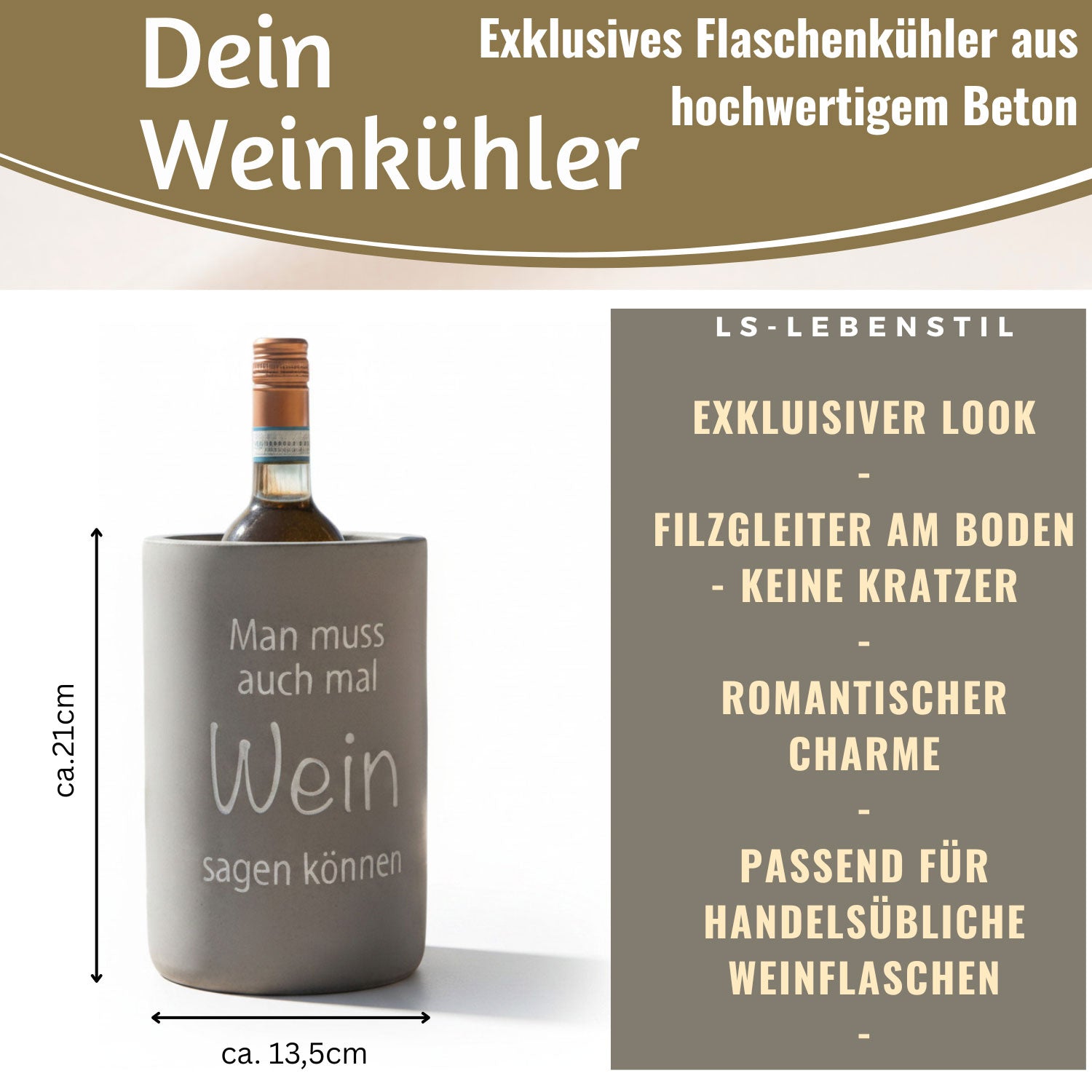 LS-LebenStil Wein Sagen Weinkühler Beton 21x13cm Grau