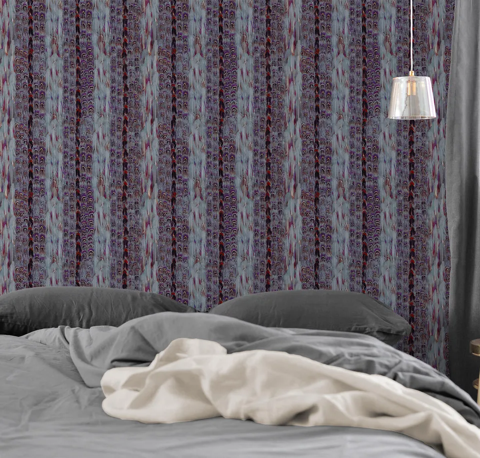 Mineheart Wallpaper Tropical Feathers Tapete Lila Rot A3 Muster