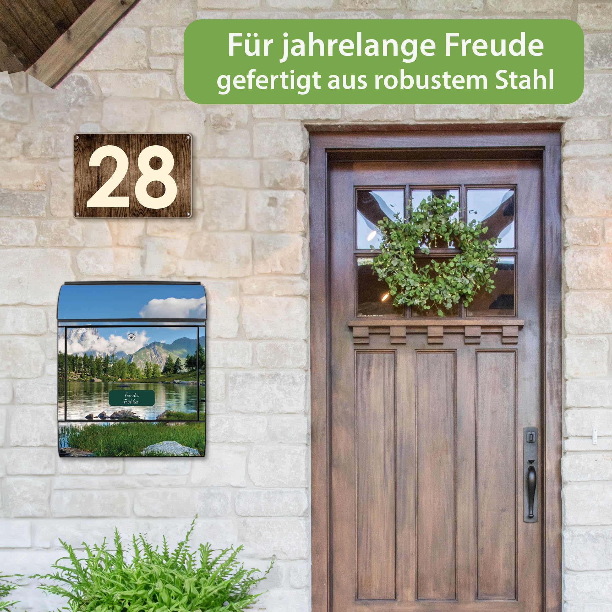 Banjado Briefkasten Gebirgssee Postkasten Schwarz mit Name A4