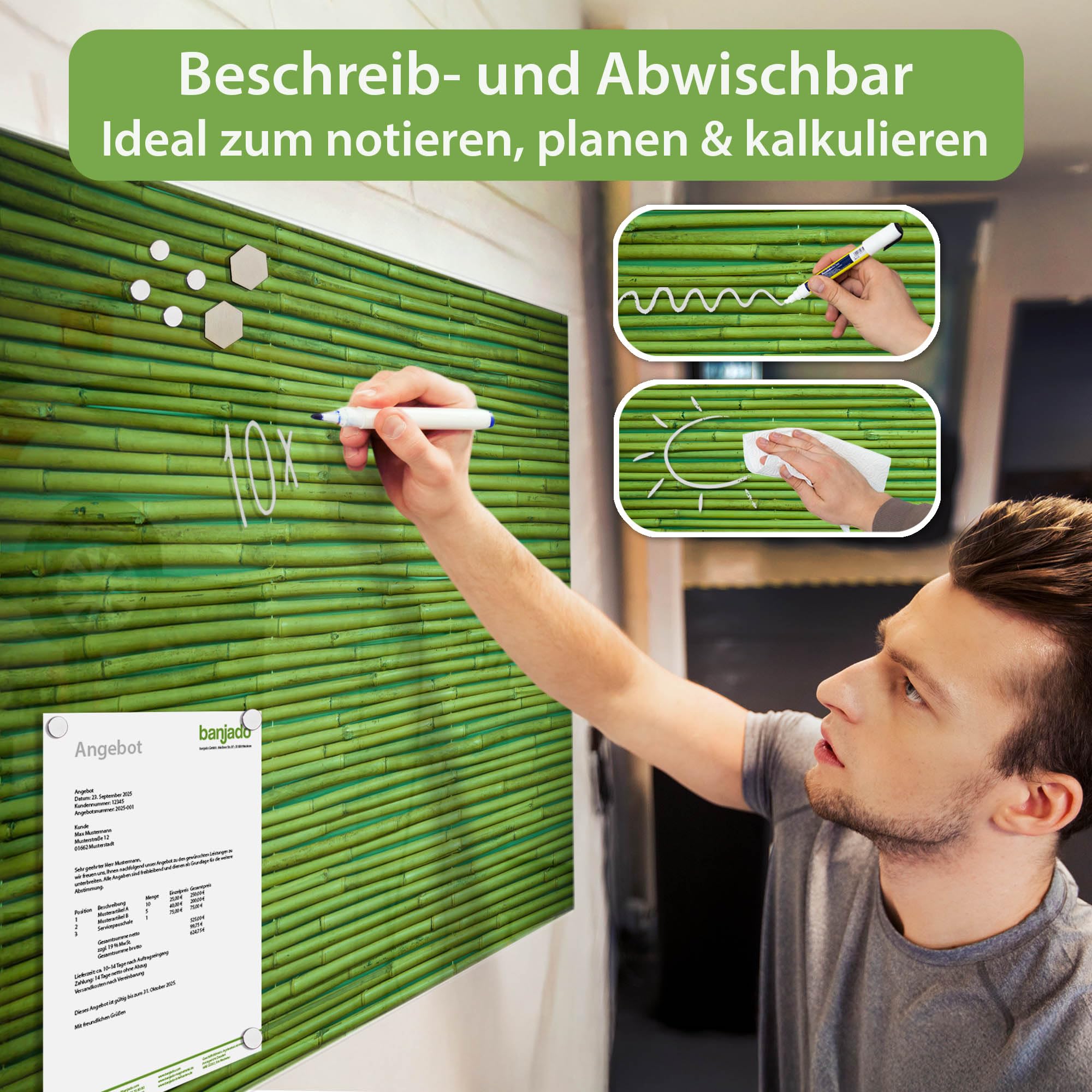 Banjado Magnettafel Glas 120x80 cm Bambus Grün Holzoptik beschreibbar