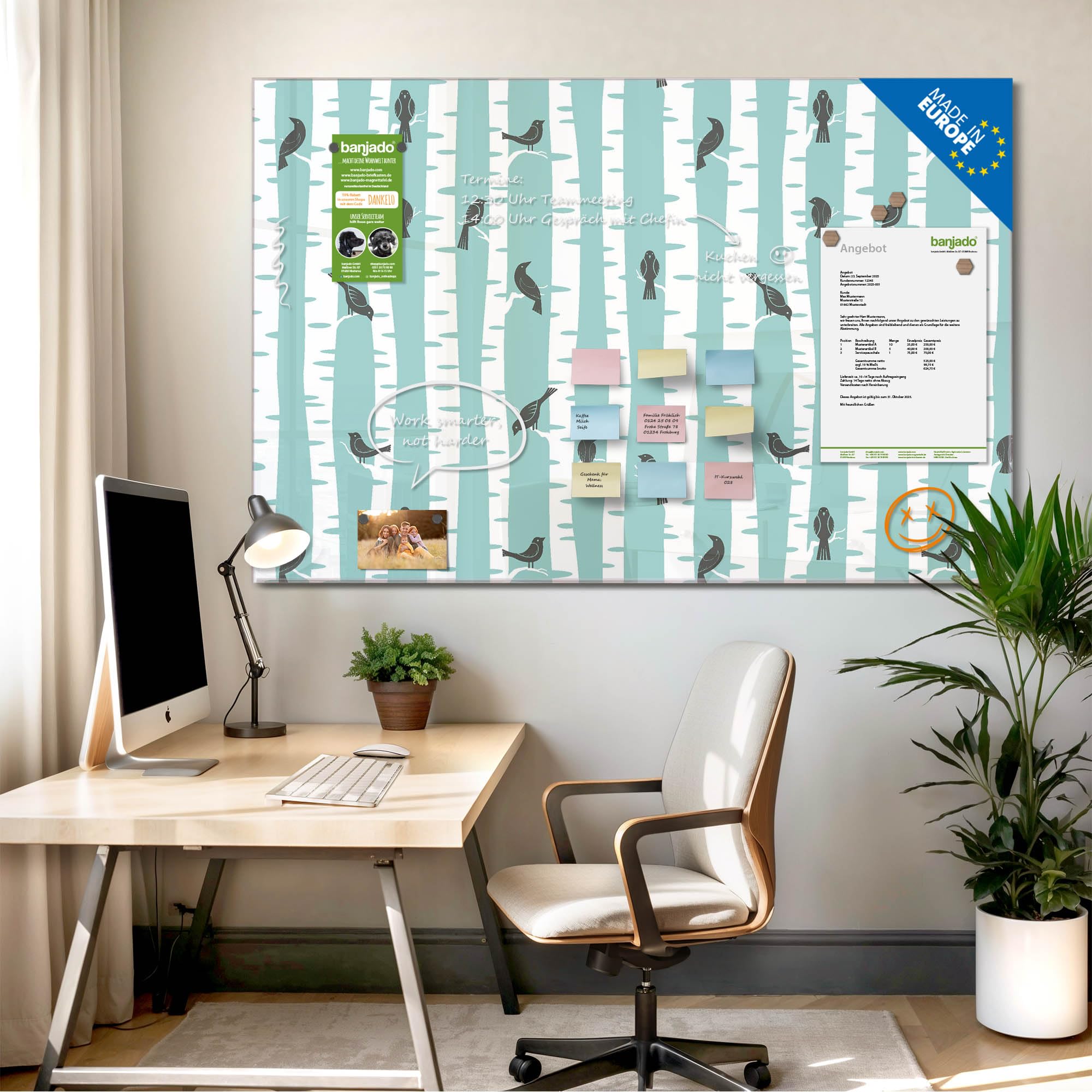 Banjado Magnettafel Stare und Birken Magnetboard 120x80 Vogel