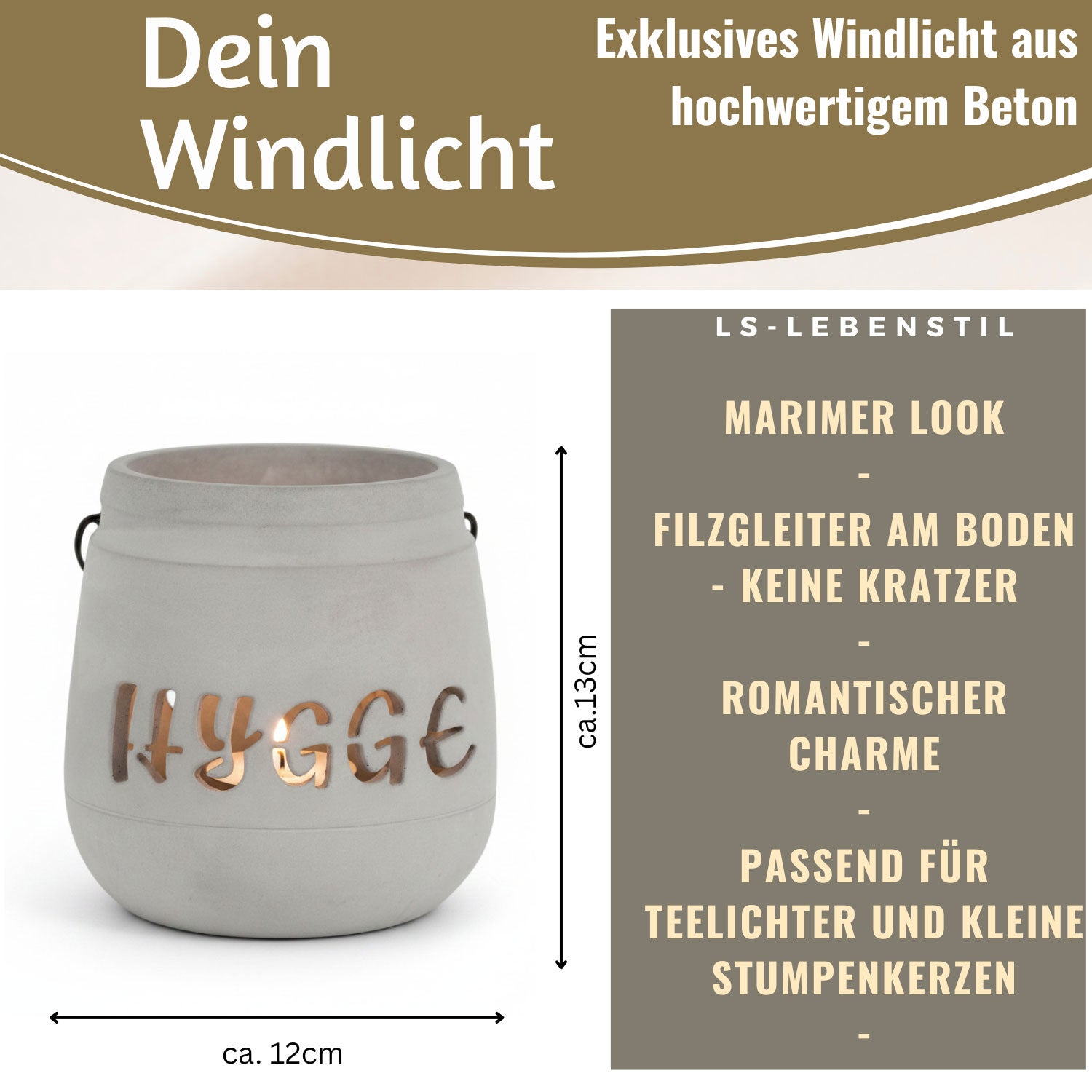 LS-LebenStil Hygge Beton Windlicht Grau 13cm mit Griff