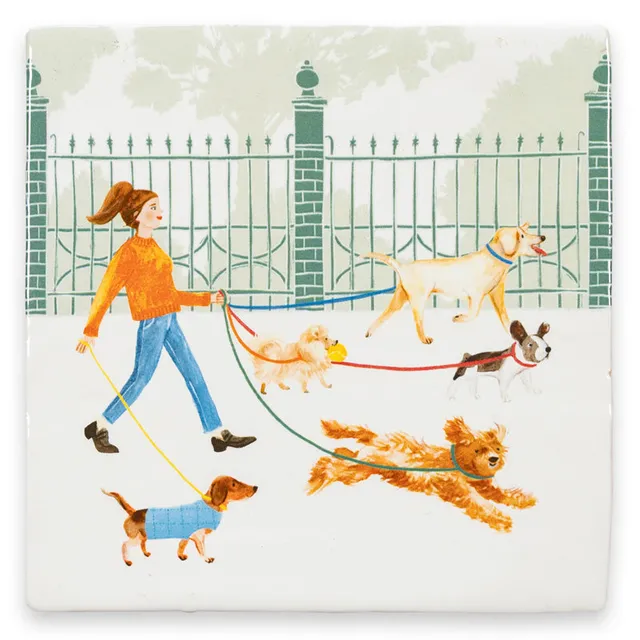 StoryTiles Delft Blue Who let the dog out Fliese 10x10 Hund