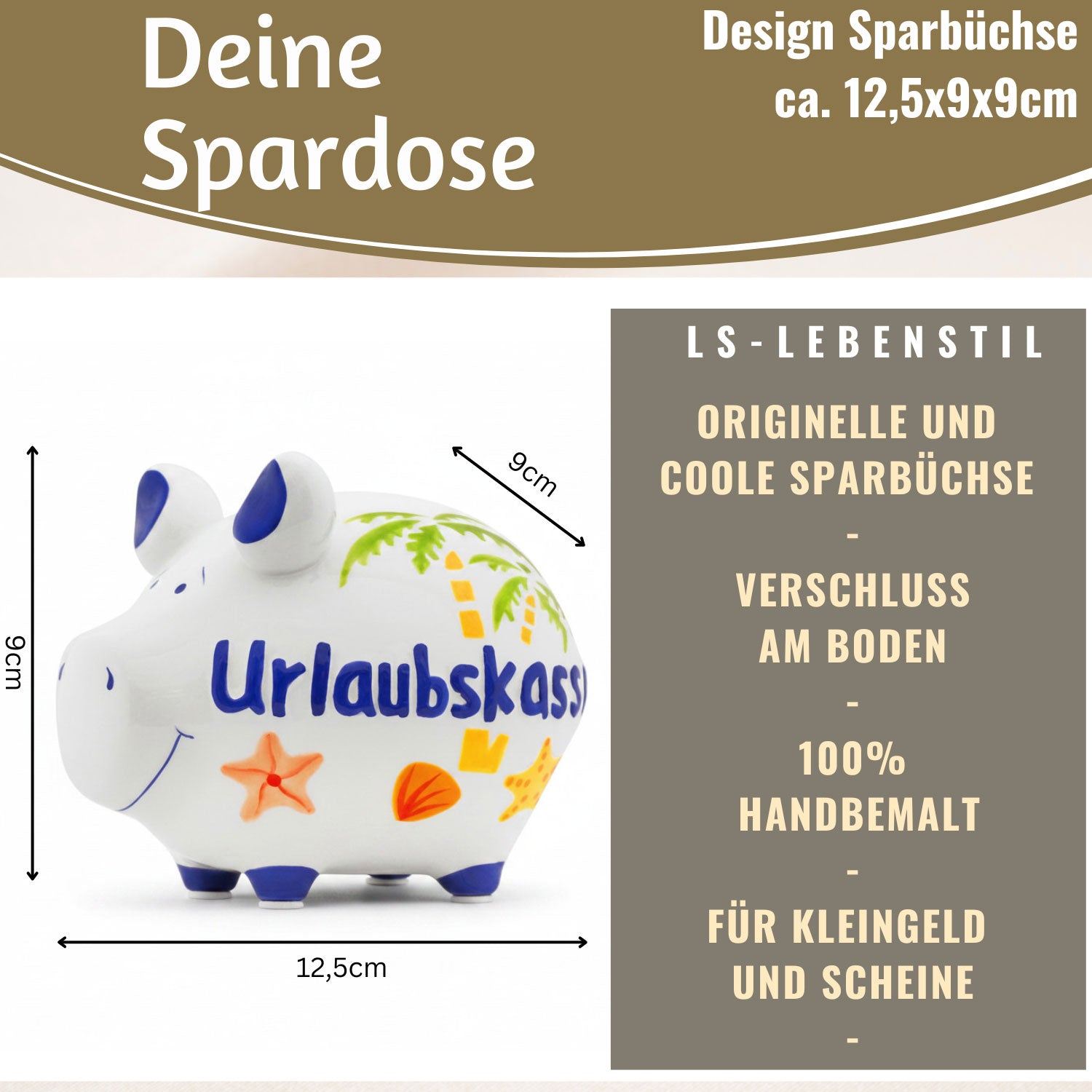 LS-LebenStil Sparschwein Urlaubskasse Keramik weiß-blau