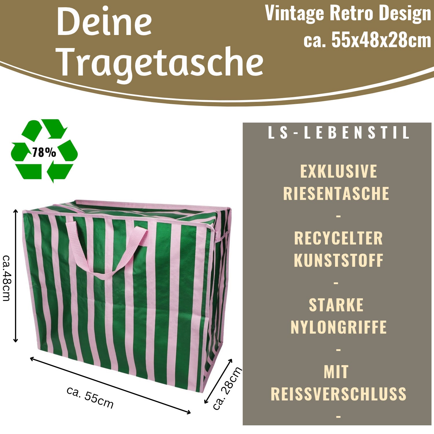 LS-LebenStil Shopper XXL Jumbo Bag 55cm Rosa Grün Gestreift