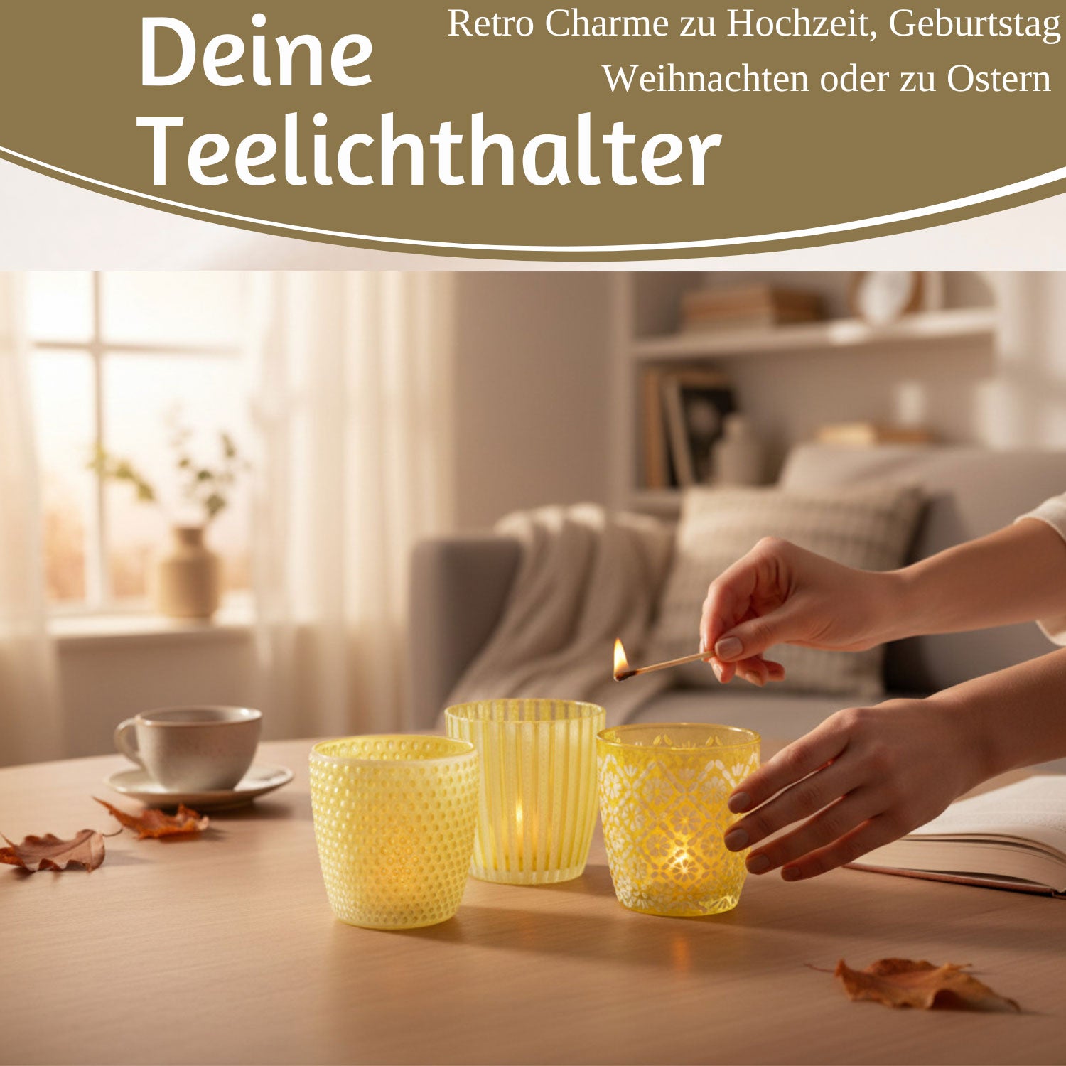 Boltze Teelichthalter Glas Retro gelb 7-9cm 6er Set Windlicht