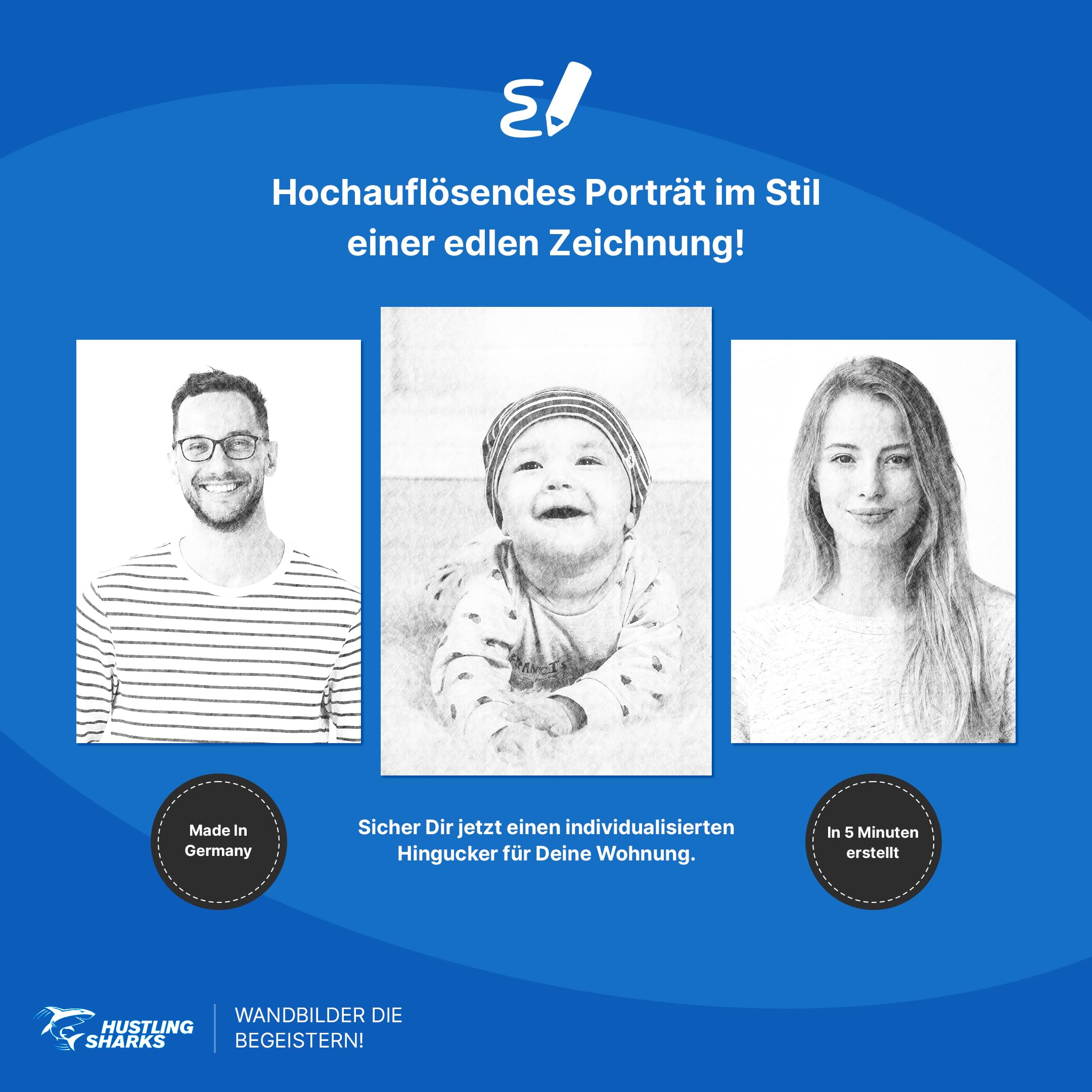Hustling Sharks Wandbilder Portrait Strichzeichnung Leinwand 30x45 cm
