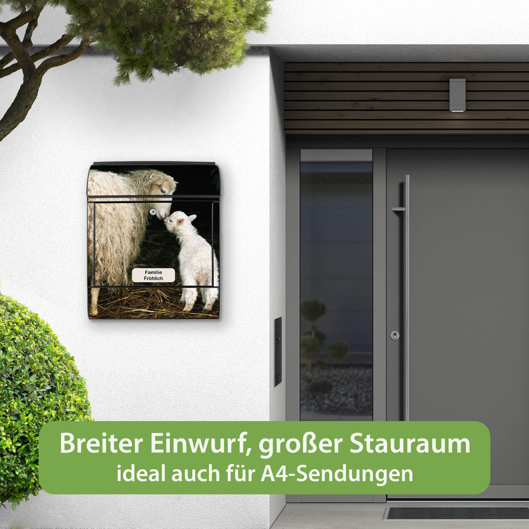 Banjado Briefkasten Stahl 38,5x46,5 cm Schaf und Lamm Schwarz A4