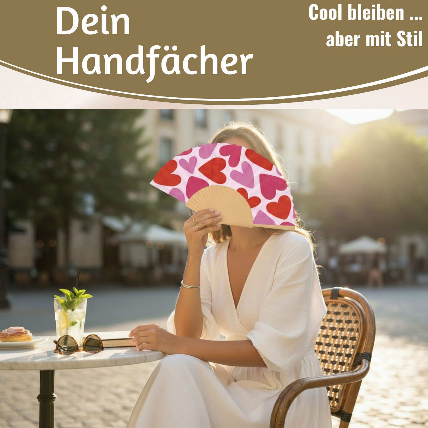 LS-LebenStil Herzen Handfächer Holz Stoff Rot Pink 42cm faltbar