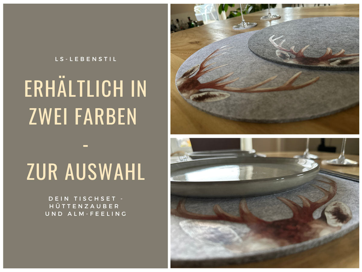 LS-LebenStil Tischset Filz Hirschgeweih Hellgrau 38cm 2er Set
