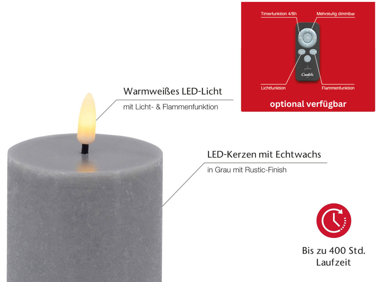LS-LebenStil Ribe LED Stumpenkerze Grau 15x7,5cm Echtwachs
