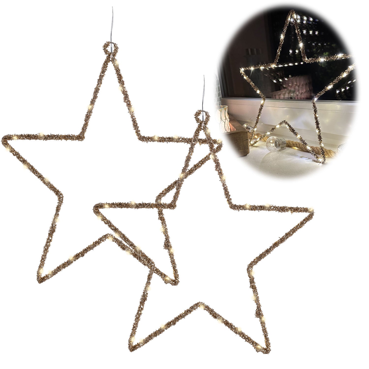 LS-LebenStil Möbel Leuchtstern Gold 38cm 2er LED Timer