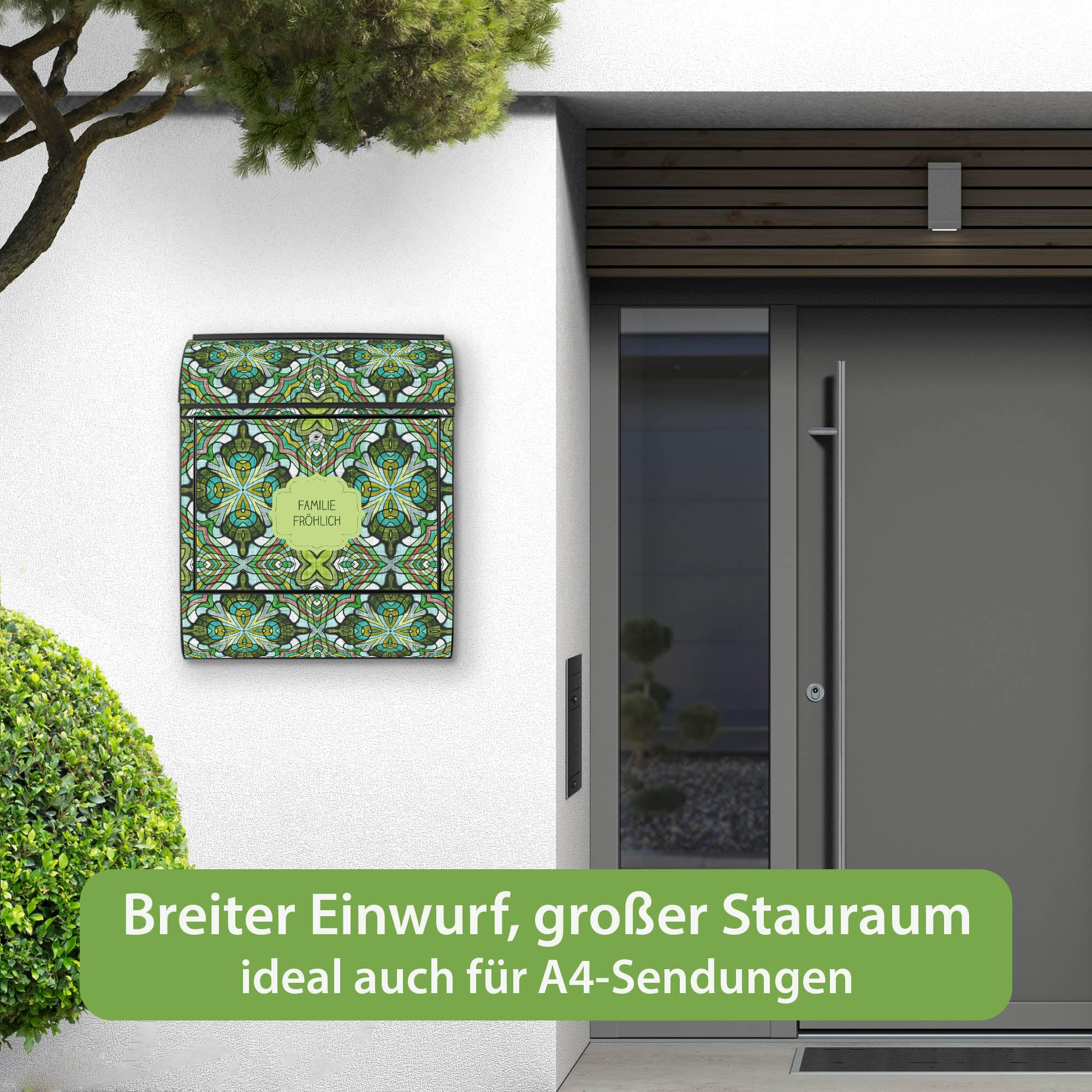 Banjado Briefkasten Grünes Muster Stahl 38,5x46,5x13 Schwarz