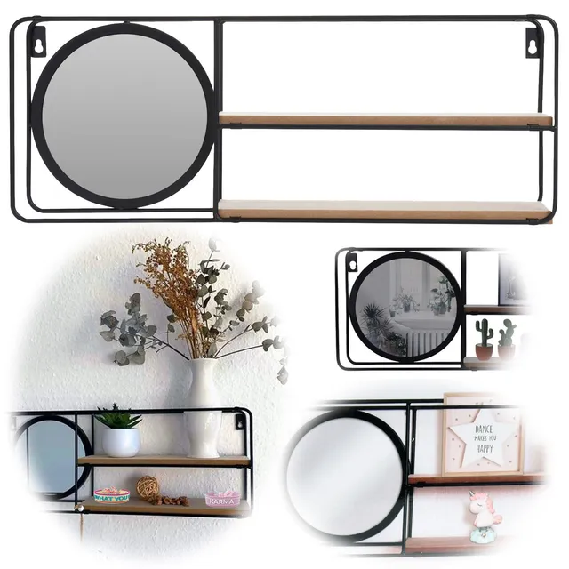 LS-LebenStil Mirror Wandregal mit Spiegel 50cm Schwarz 2 Ablagen