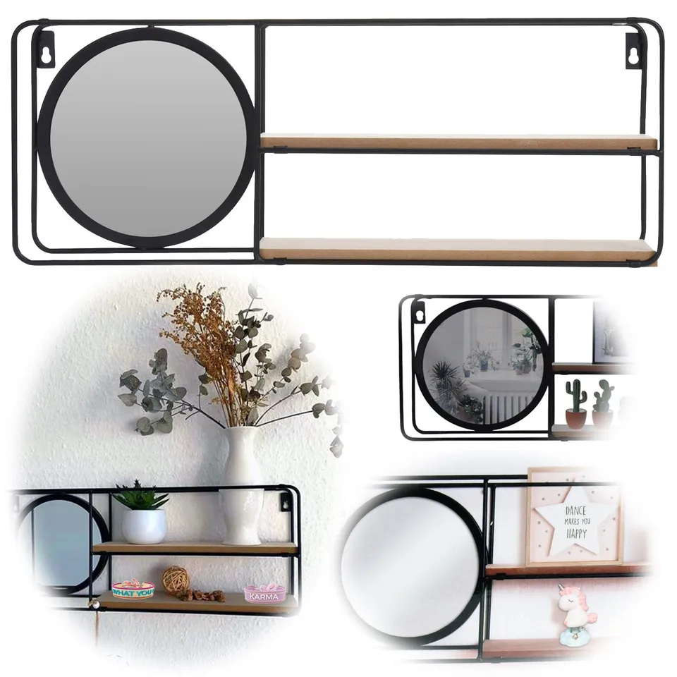 LS-LebenStil Mirror Wandregal mit Spiegel 50cm Schwarz 2 Ablagen