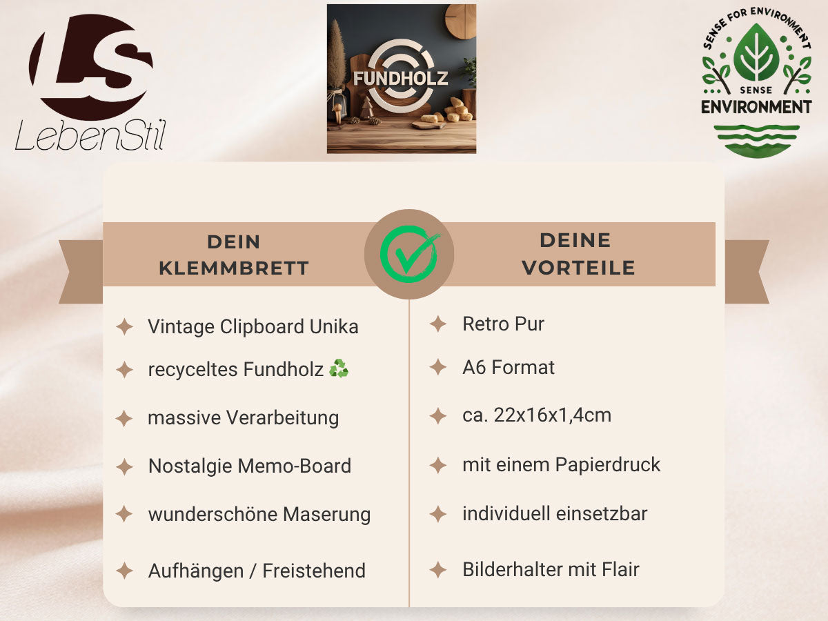 LS-LebenStil Vintage Clipboard A6 Holz 22cm mit Klammer braun