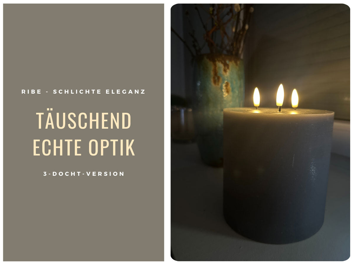 LS-LebenStil Möbel & Wohnen Ribe LED Kerze grau 15x15cm 3-Docht