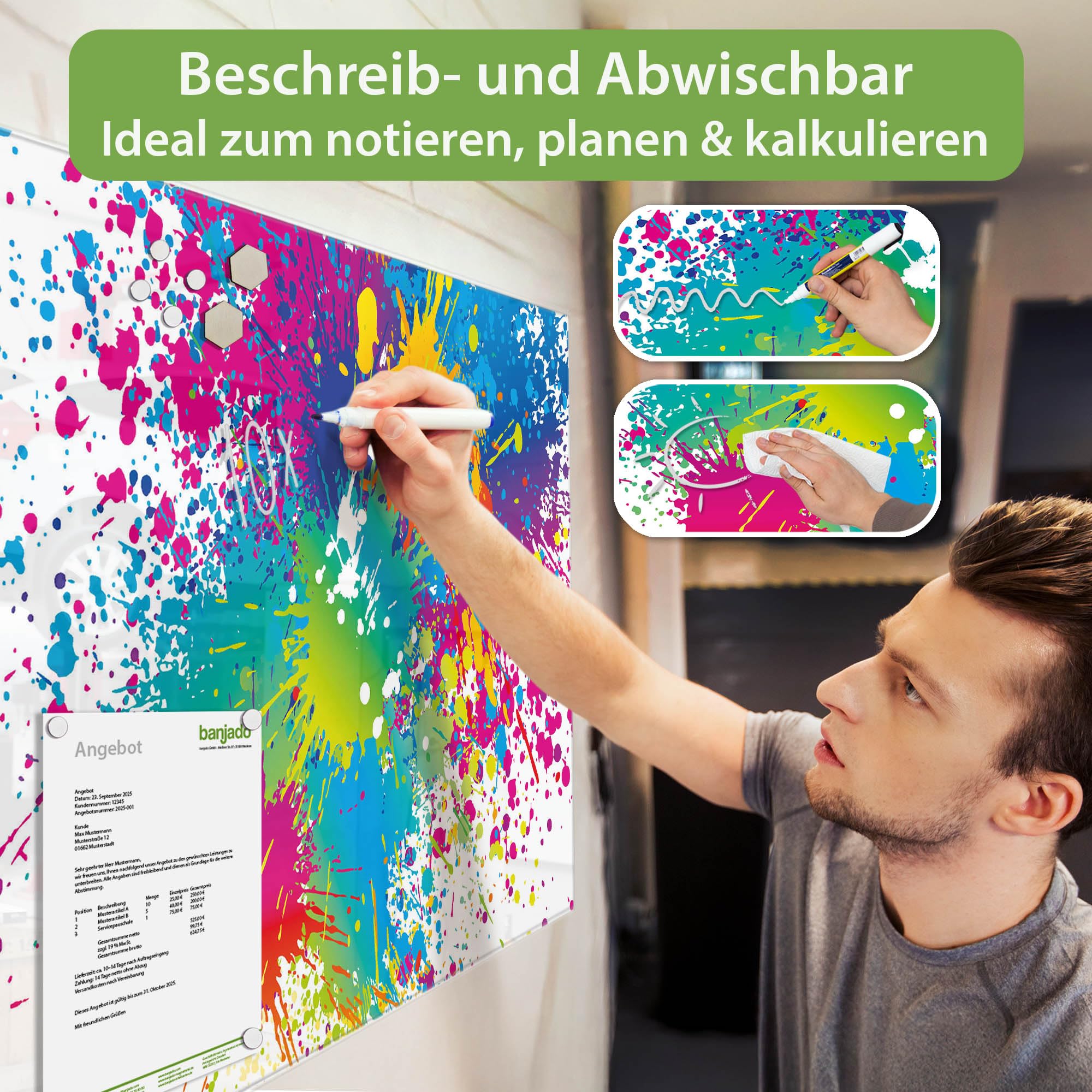 Banjado Magnettafel Farbspritzer Glasboard 120x80 cm Abstrakt