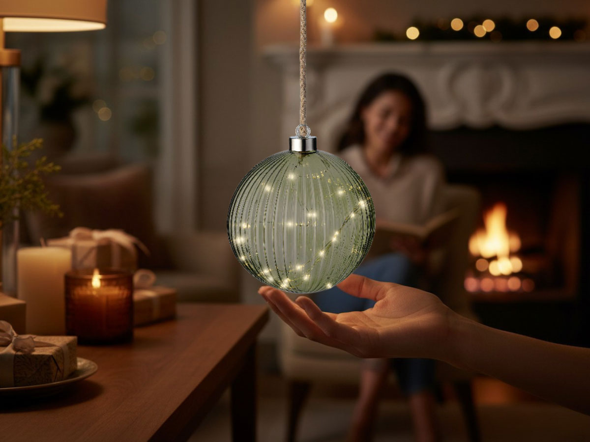 LS-LebenStil Kampen XL Deko Lichtkugel 14cm Grün Silber 30 LED