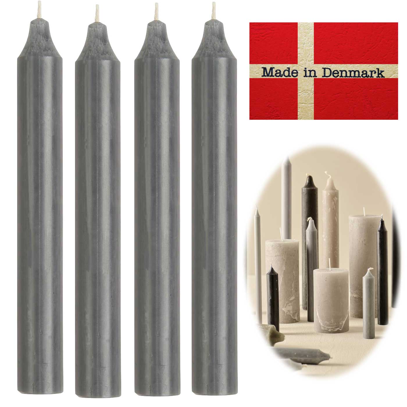 LS-LebenStil Ribe Stabkerzen Grau 4er Set 18 cm Tafelkerzen