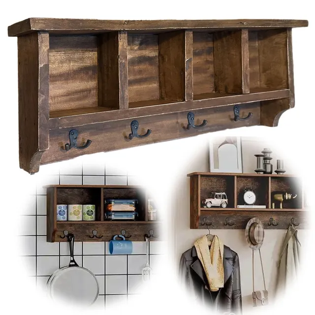 LS-LebenStil Vintage Wandgarderobe Teak 70cm mit Ablage