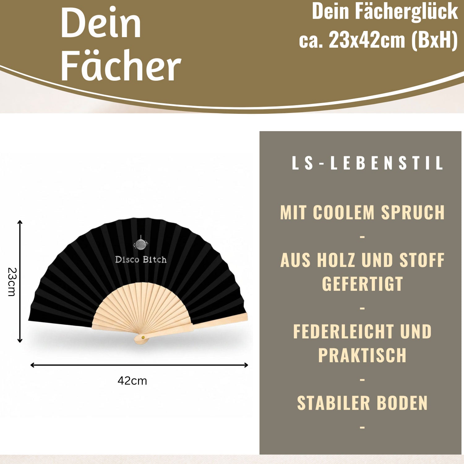 LS-LebenStil Shopper & Taschen Handfächer Disco Bitch 23x42cm