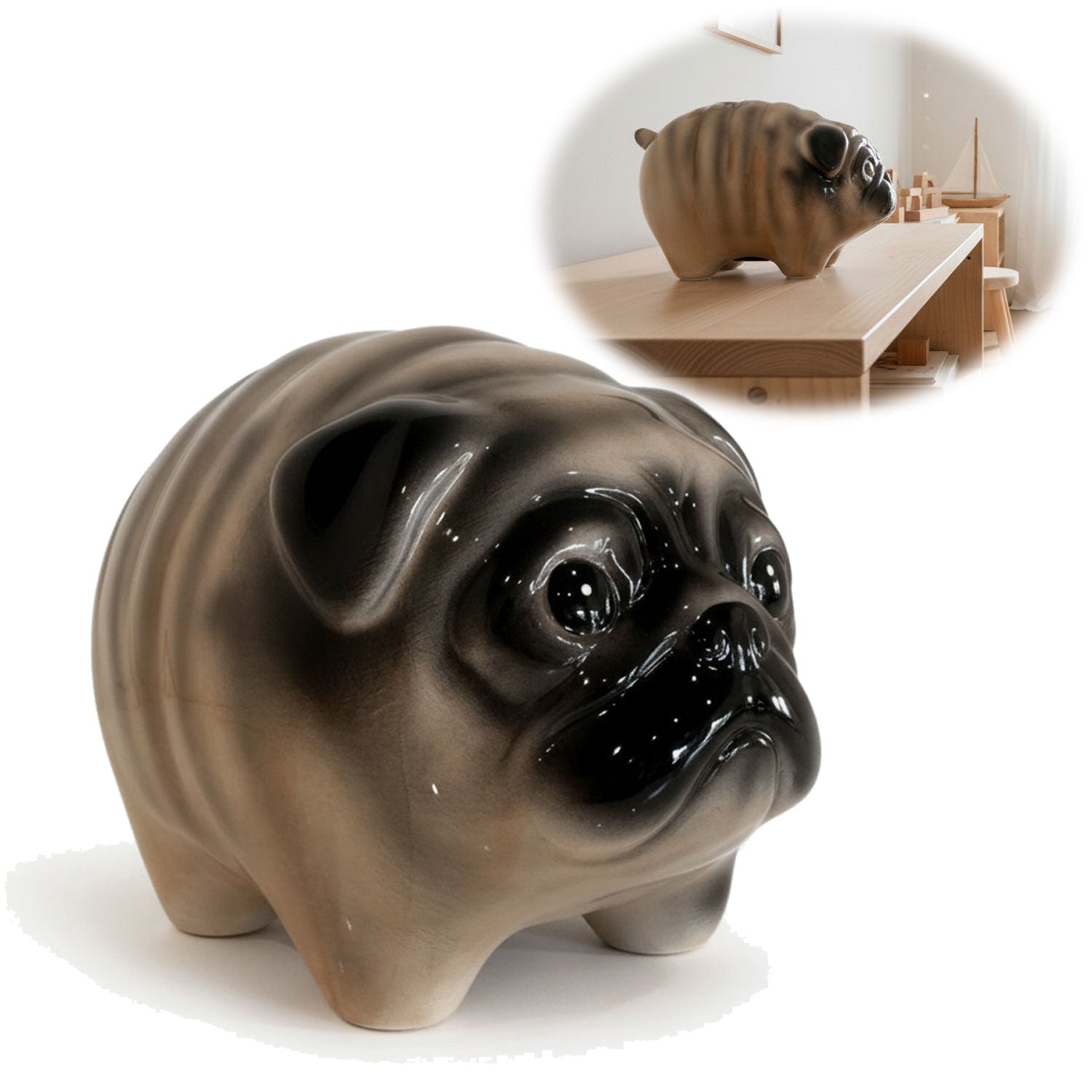 LS-LebenStil Mops Spardose Keramik 13cm abschließbar Hund