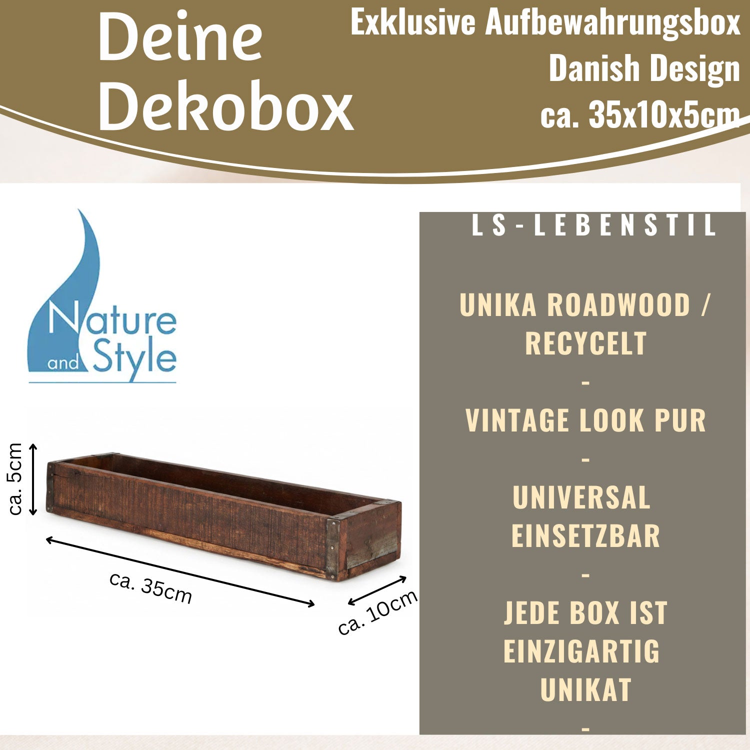 LS-LebenStil Unika Holzbox Braun 35x10x5cm Recycelt