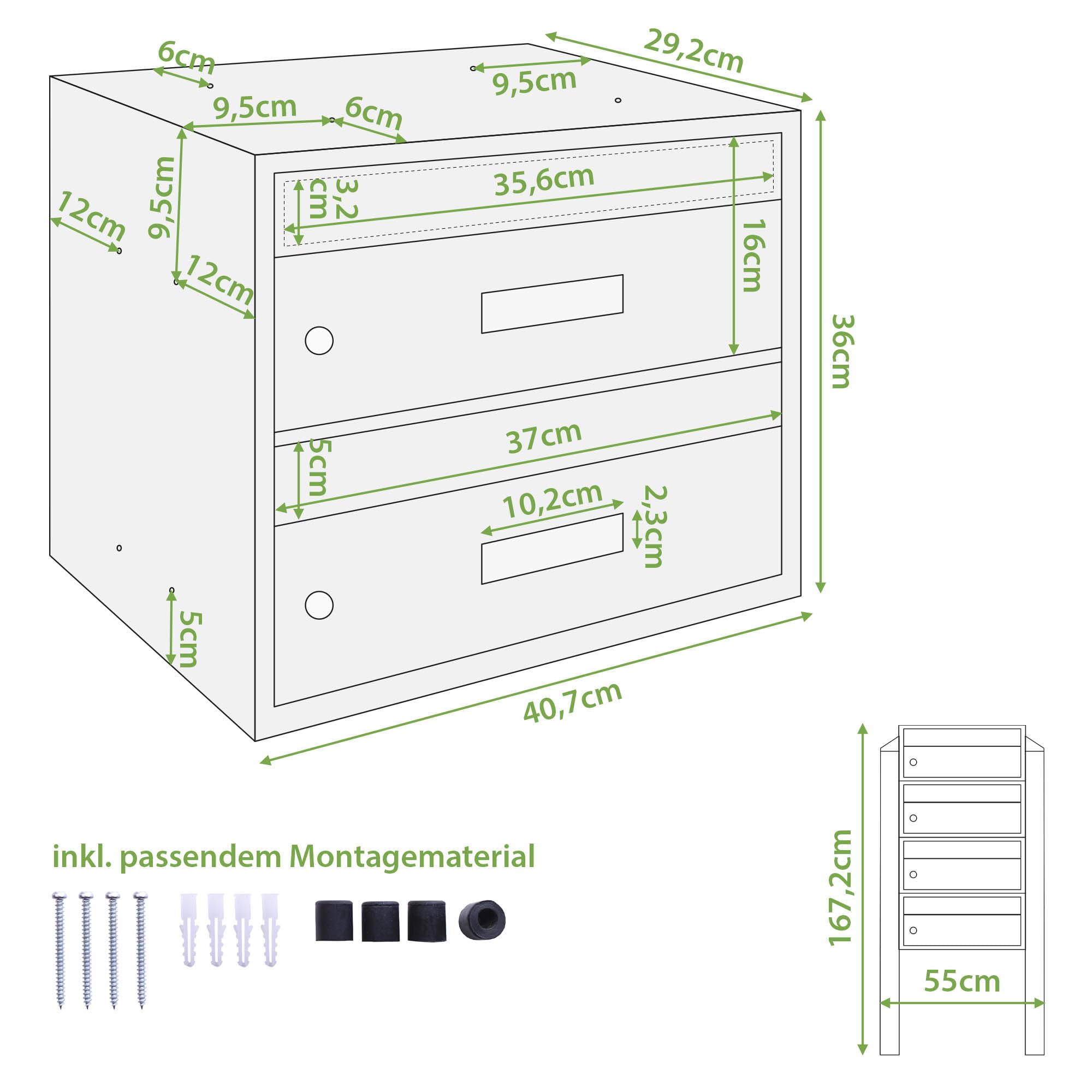 Banjado Briefkasten 4 Parteien Standbriefkasten Edelstahl mit Namensschild