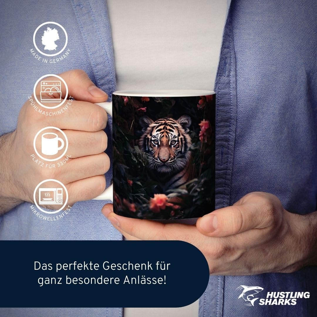Hustling Sharks Wandbilder Tiger mit Rosen Tasse 330 ml weiß