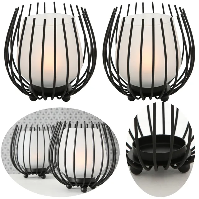 LS-LebenStil Kugel Gitter Windlicht 2er-Set Schwarz Milchglas 12cm