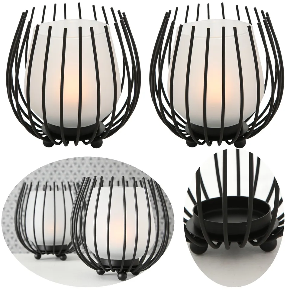 LS-LebenStil Kugel Gitter Windlicht 2er-Set Schwarz Milchglas 12cm