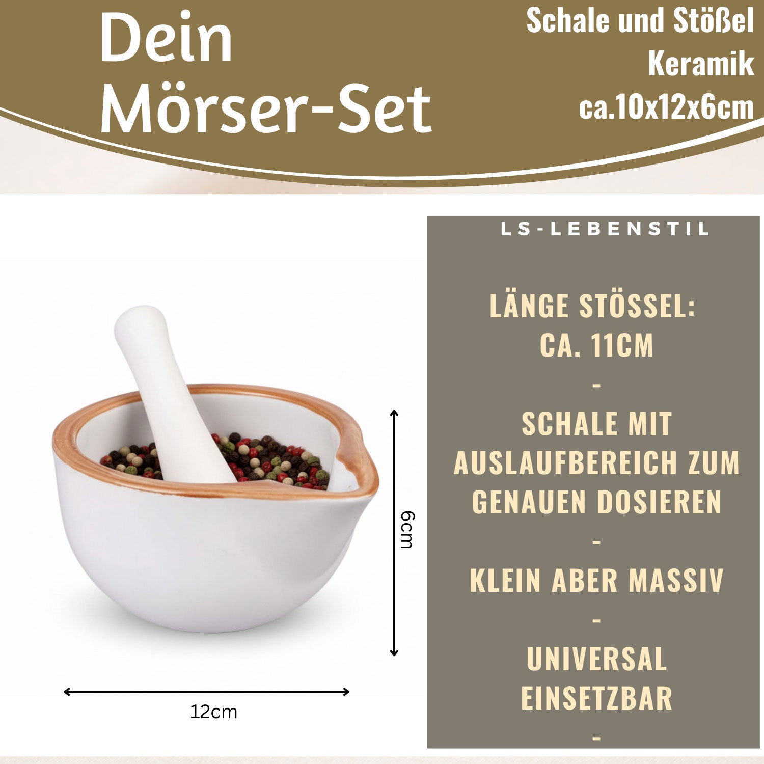 LS-LebenStil Küche & Haushalt Keramik Mörser Braun-Weiß 12cm Gewürz